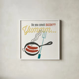 Retro Food Bacon by Wild Apple Portfolio. Shown in a crisp white glass frame for a clean and minimalist style. Available as an archival giclee rolled canvas, fine art paper, or poster print. SKU 92156a.