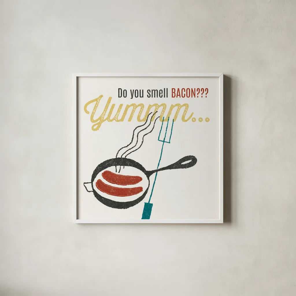 Retro Food Bacon by Wild Apple Portfolio. Shown in a crisp white glass frame for a clean and minimalist style. Available as an archival giclee rolled canvas, fine art paper, or poster print. SKU 92156a.
