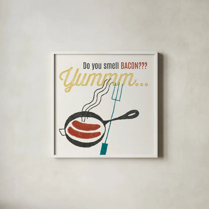 Retro Food Bacon by Wild Apple Portfolio. Shown in a crisp white glass frame for a clean and minimalist style. Available as an archival giclee rolled canvas, fine art paper, or poster print. SKU 92156a.