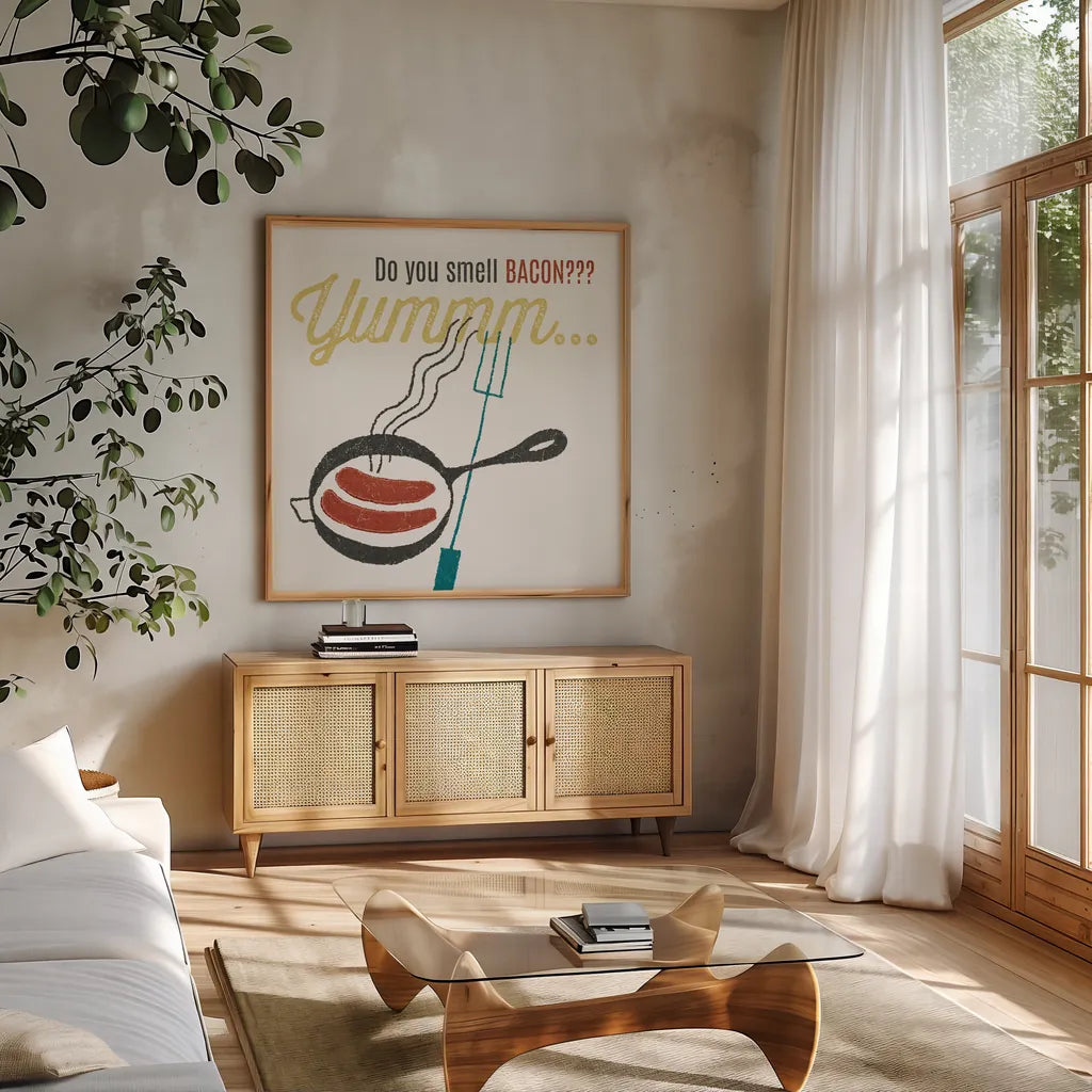 Retro Food Bacon by Wild Apple Portfolio. Shown in a natural wood frame in a cozy modern living room. Available as an archival giclee rolled canvas, fine art paper, or poster print. SKU 92156a.