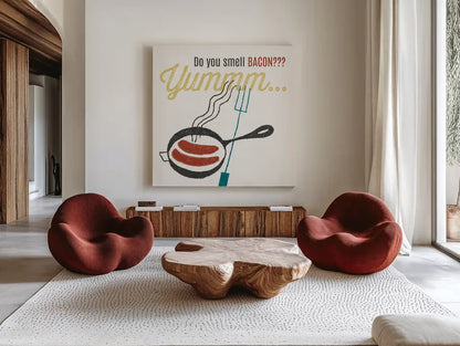 Retro Food Bacon by Wild Apple Portfolio. Shown as extra-large giant wall art in a modern living room. Available as an archival giclee rolled canvas, fine art paper, or poster print. SKU 92156a.