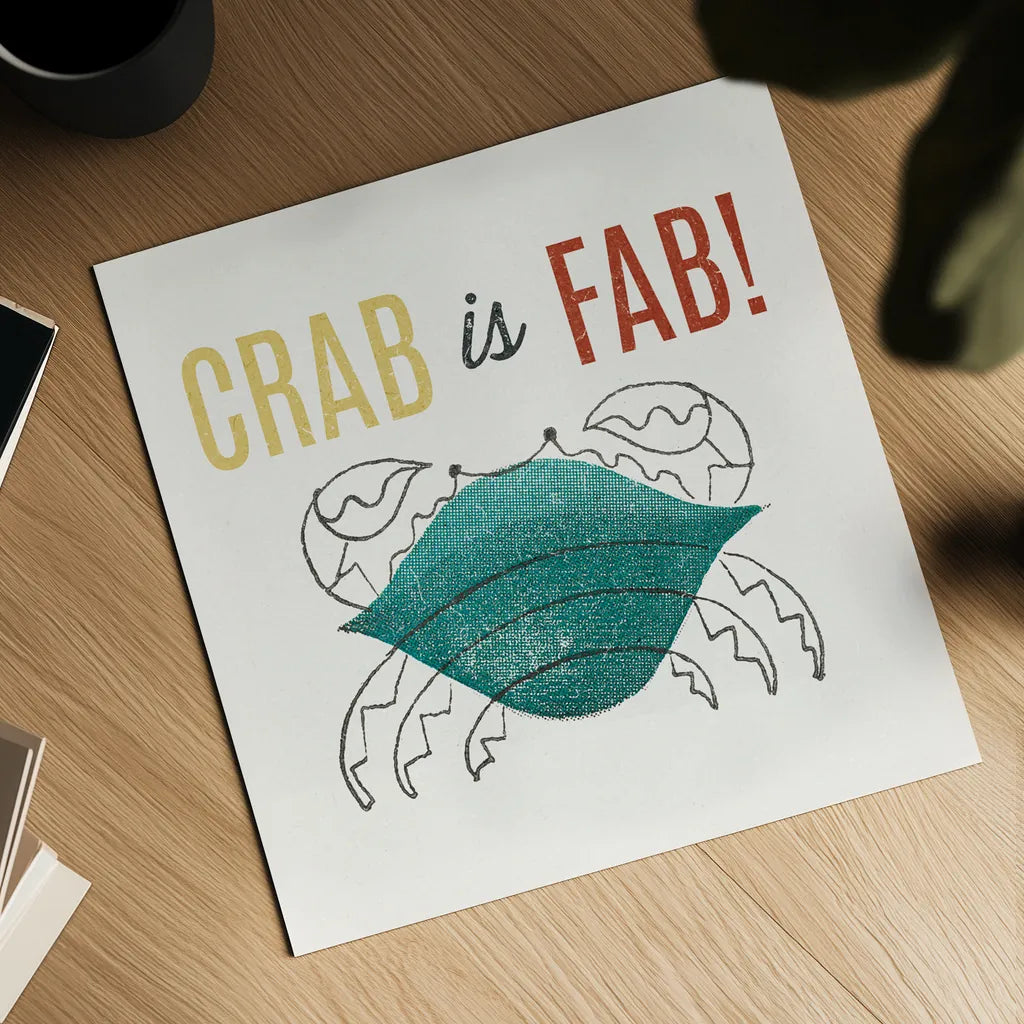 Retro Food Crab is Fab by Wild Apple Portfolio. Shown as a detailed flat fine art print, highlighting archival giclee quality. Available as an archival giclee rolled canvas, fine art paper, or poster print. SKU 92157a.