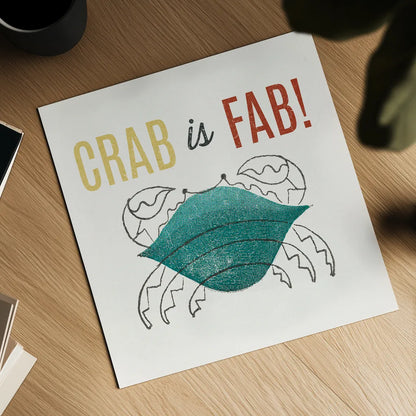 Retro Food Crab is Fab by Wild Apple Portfolio. Shown as a detailed flat fine art print, highlighting archival giclee quality. Available as an archival giclee rolled canvas, fine art paper, or poster print. SKU 92157a.