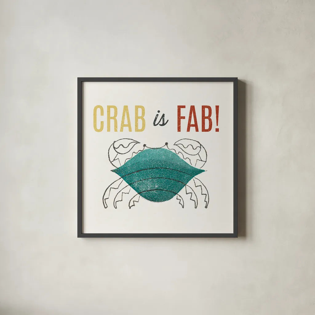 Retro Food Crab is Fab by Wild Apple Portfolio. Shown in a sleek black glass frame for a contemporary gallery look. Available as an archival giclee rolled canvas, fine art paper, or poster print. SKU 92157a.