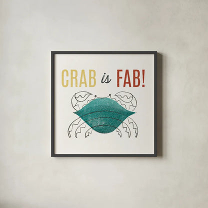 Retro Food Crab is Fab by Wild Apple Portfolio. Shown in a sleek black glass frame for a contemporary gallery look. Available as an archival giclee rolled canvas, fine art paper, or poster print. SKU 92157a.