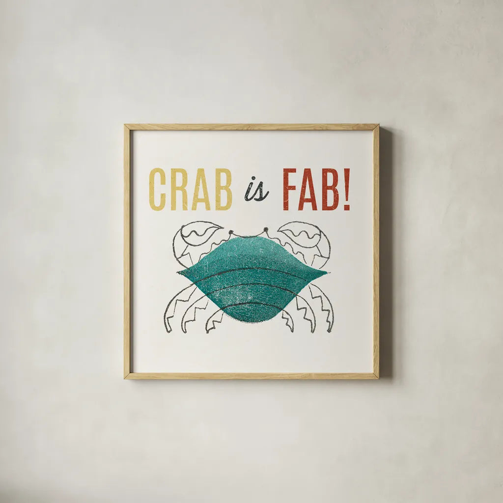 Retro Food Crab is Fab by Wild Apple Portfolio. Shown in a natural wood glass frame for a timeless modern aesthetic. Available as an archival giclee rolled canvas, fine art paper, or poster print. SKU 92157a.