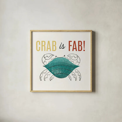 Retro Food Crab is Fab by Wild Apple Portfolio. Shown in a natural wood glass frame for a timeless modern aesthetic. Available as an archival giclee rolled canvas, fine art paper, or poster print. SKU 92157a.