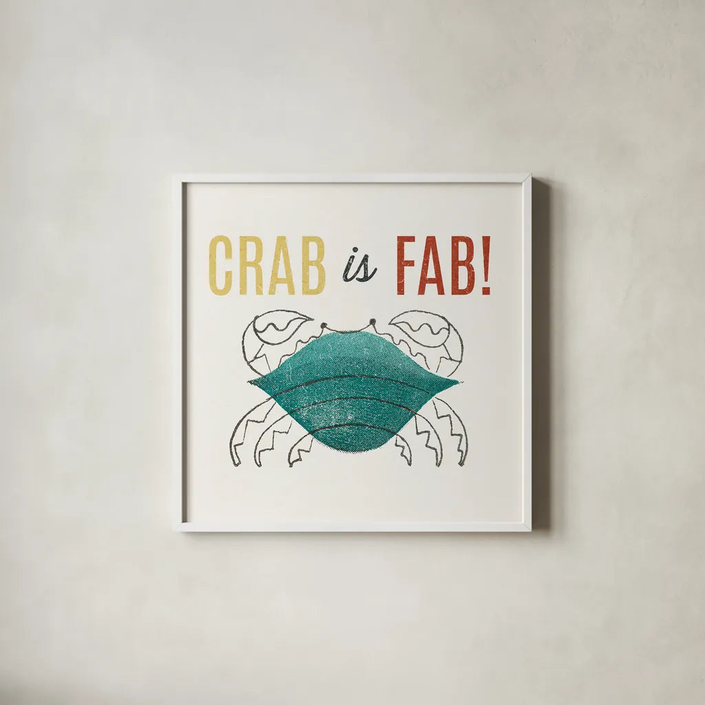 Retro Food Crab is Fab by Wild Apple Portfolio. Shown in a crisp white glass frame for a clean and minimalist style. Available as an archival giclee rolled canvas, fine art paper, or poster print. SKU 92157a.