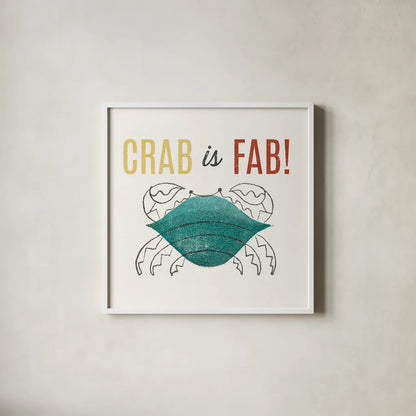 Retro Food Crab is Fab by Wild Apple Portfolio. Shown in a crisp white glass frame for a clean and minimalist style. Available as an archival giclee rolled canvas, fine art paper, or poster print. SKU 92157a.