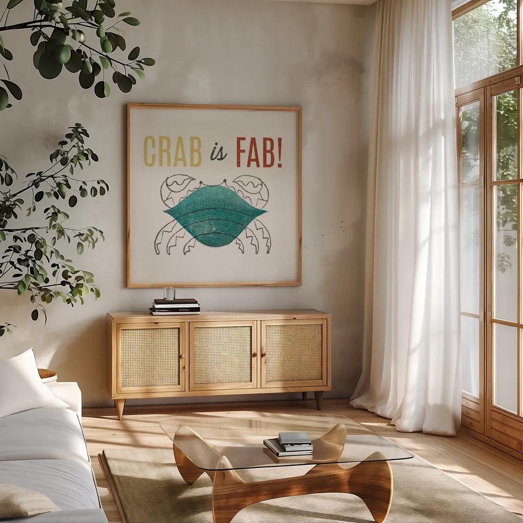Retro Food Crab is Fab by Wild Apple Portfolio. Shown in a natural wood frame in a cozy modern living room. Available as an archival giclee rolled canvas, fine art paper, or poster print. SKU 92157a.