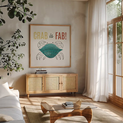 Retro Food Crab is Fab by Wild Apple Portfolio. Shown in a natural wood frame in a cozy modern living room. Available as an archival giclee rolled canvas, fine art paper, or poster print. SKU 92157a.