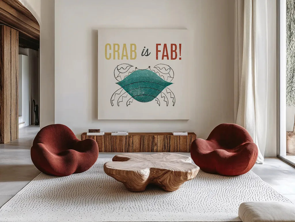 Retro Food Crab is Fab by Wild Apple Portfolio. Shown as extra-large giant wall art in a modern living room. Available as an archival giclee rolled canvas, fine art paper, or poster print. SKU 92157a.