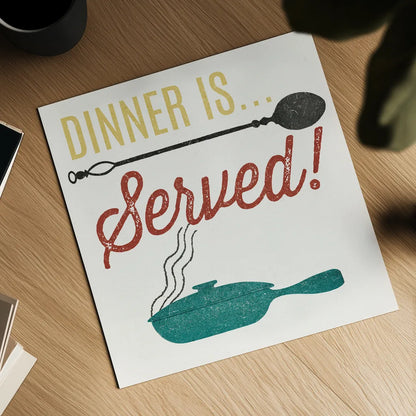 Retro Food Dinner is Served by Wild Apple Portfolio. Shown as a detailed flat fine art print, highlighting archival giclee quality. Available as an archival giclee rolled canvas, fine art paper, or poster print. SKU 92158a.