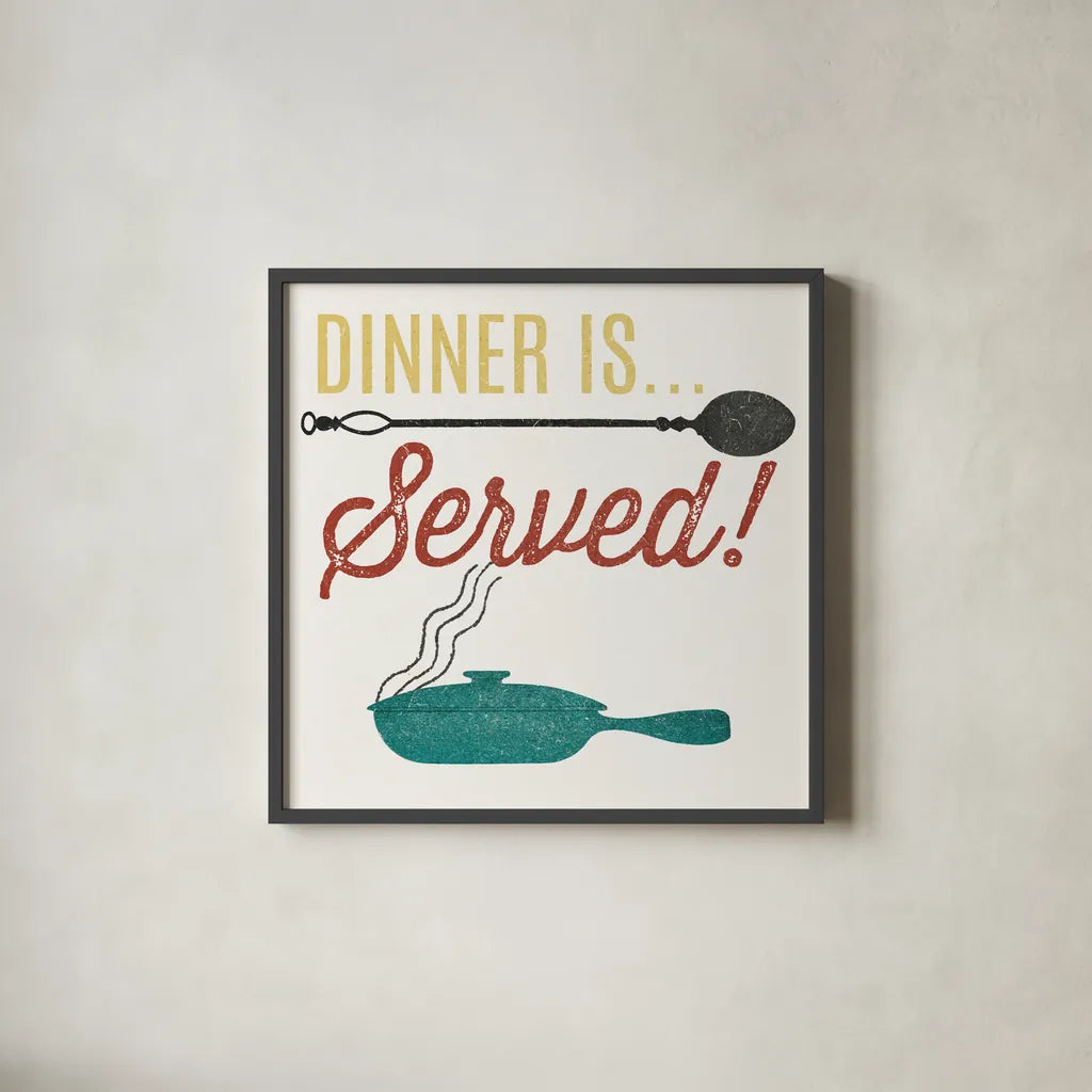 Retro Food Dinner is Served by Wild Apple Portfolio. Shown in a sleek black glass frame for a contemporary gallery look. Available as an archival giclee rolled canvas, fine art paper, or poster print. SKU 92158a.