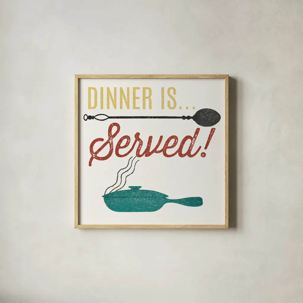 Retro Food Dinner is Served by Wild Apple Portfolio. Shown in a natural wood glass frame for a timeless modern aesthetic. Available as an archival giclee rolled canvas, fine art paper, or poster print. SKU 92158a.