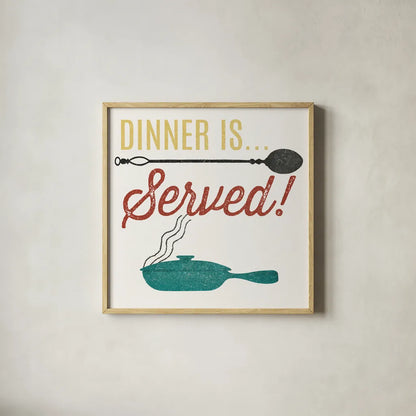 Retro Food Dinner is Served by Wild Apple Portfolio. Shown in a natural wood glass frame for a timeless modern aesthetic. Available as an archival giclee rolled canvas, fine art paper, or poster print. SKU 92158a.