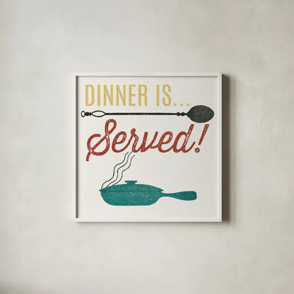 Retro Food Dinner is Served by Wild Apple Portfolio. Shown in a crisp white glass frame for a clean and minimalist style. Available as an archival giclee rolled canvas, fine art paper, or poster print. SKU 92158a.