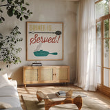 Retro Food Dinner is Served by Wild Apple Portfolio. Shown in a natural wood frame in a cozy modern living room. Available as an archival giclee rolled canvas, fine art paper, or poster print. SKU 92158a.