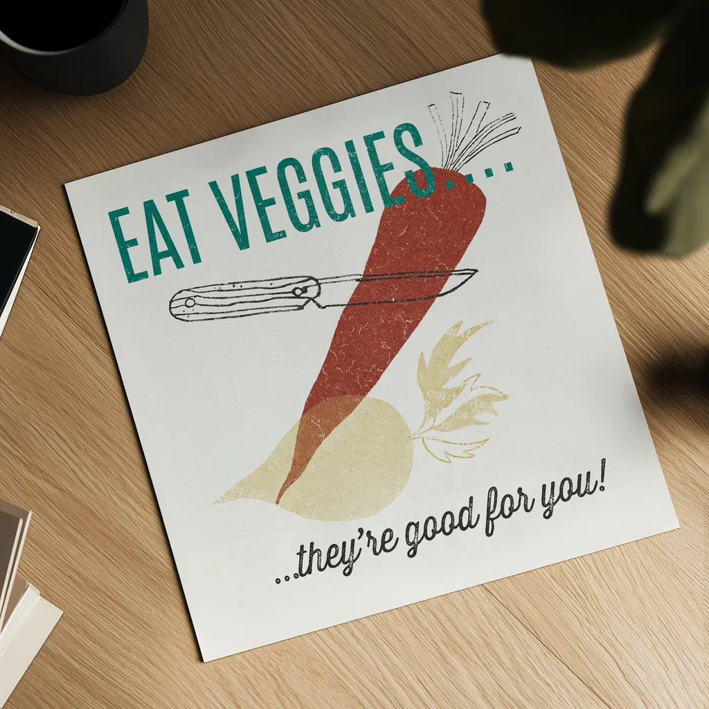 Retro Food Eat Veggies by Wild Apple Portfolio. Shown as a detailed flat fine art print, highlighting archival giclee quality. Available as an archival giclee rolled canvas, fine art paper, or poster print. SKU 92159a.