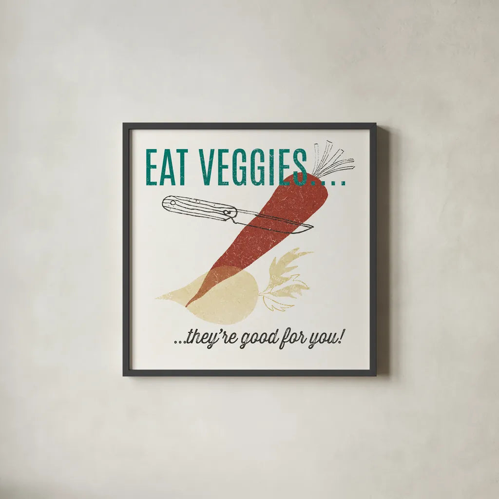 Retro Food Eat Veggies by Wild Apple Portfolio. Shown in a sleek black glass frame for a contemporary gallery look. Available as an archival giclee rolled canvas, fine art paper, or poster print. SKU 92159a.