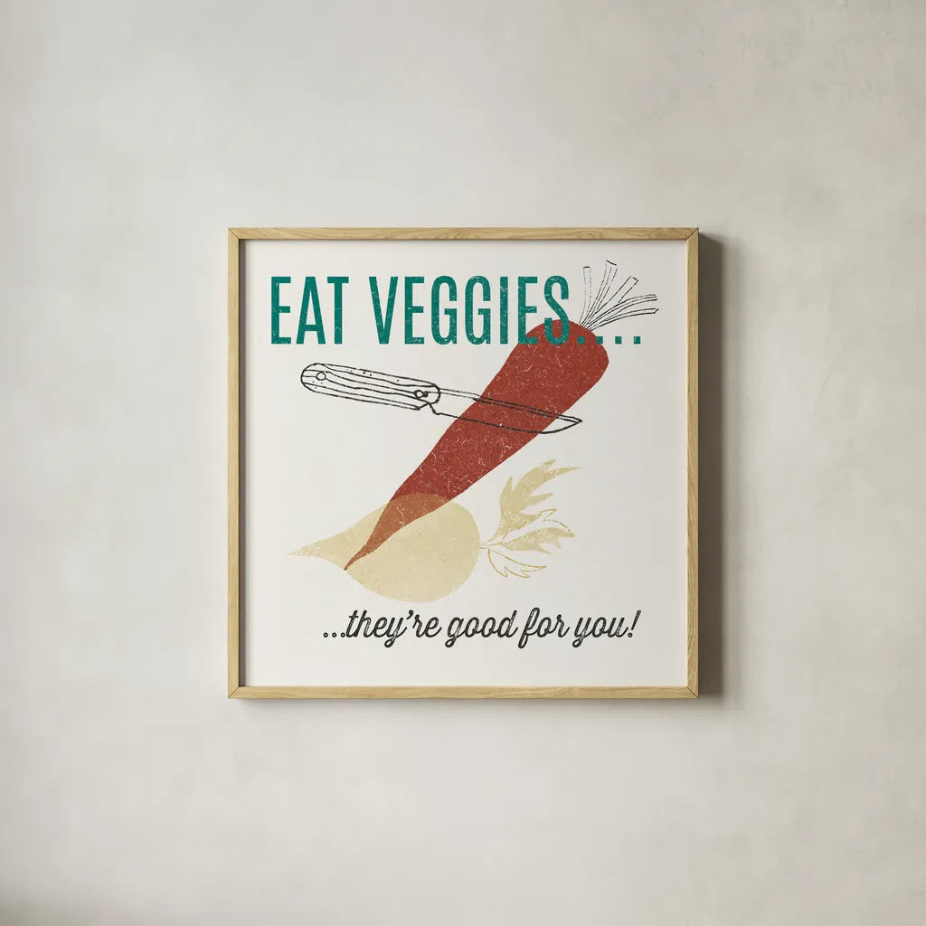 Retro Food Eat Veggies by Wild Apple Portfolio. Shown in a natural wood glass frame for a timeless modern aesthetic. Available as an archival giclee rolled canvas, fine art paper, or poster print. SKU 92159a.