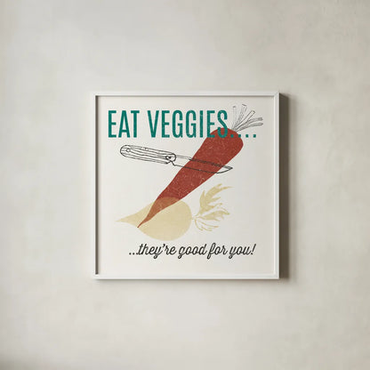 Retro Food Eat Veggies by Wild Apple Portfolio. Shown in a crisp white glass frame for a clean and minimalist style. Available as an archival giclee rolled canvas, fine art paper, or poster print. SKU 92159a.