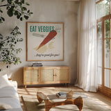 Retro Food Eat Veggies by Wild Apple Portfolio. Shown in a natural wood frame in a cozy modern living room. Available as an archival giclee rolled canvas, fine art paper, or poster print. SKU 92159a.