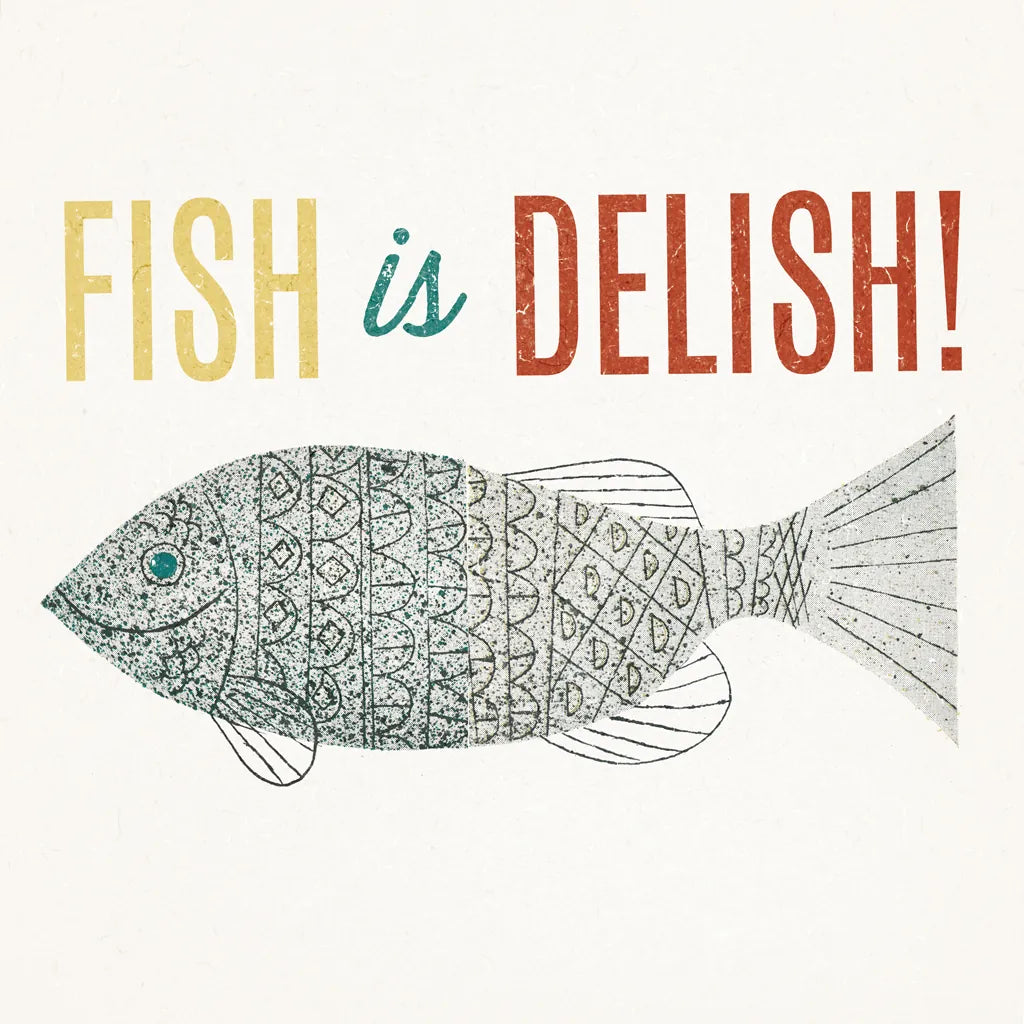 Retro Food Fish is Delish by Wild Apple Portfolio. SKU 92160a. Archival Giclee Fine art print for wall decor.