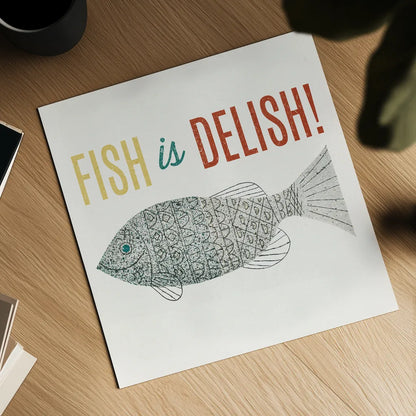 Retro Food Fish is Delish by Wild Apple Portfolio. Shown as a detailed flat fine art print, highlighting archival giclee quality. Available as an archival giclee rolled canvas, fine art paper, or poster print. SKU 92160a.