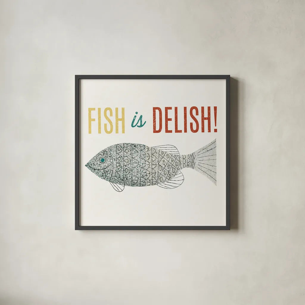 Retro Food Fish is Delish by Wild Apple Portfolio. Shown in a sleek black glass frame for a contemporary gallery look. Available as an archival giclee rolled canvas, fine art paper, or poster print. SKU 92160a.