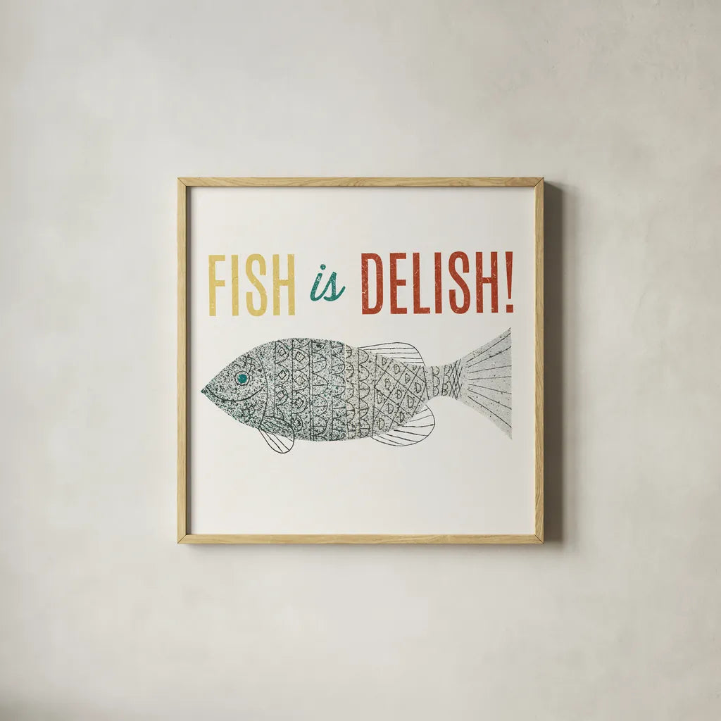 Retro Food Fish is Delish by Wild Apple Portfolio. Shown in a natural wood glass frame for a timeless modern aesthetic. Available as an archival giclee rolled canvas, fine art paper, or poster print. SKU 92160a.