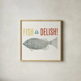Retro Food Fish is Delish by Wild Apple Portfolio. Shown in a natural wood glass frame for a timeless modern aesthetic. Available as an archival giclee rolled canvas, fine art paper, or poster print. SKU 92160a.