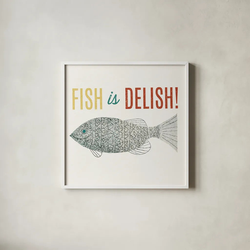 Retro Food Fish is Delish by Wild Apple Portfolio. Shown in a crisp white glass frame for a clean and minimalist style. Available as an archival giclee rolled canvas, fine art paper, or poster print. SKU 92160a.