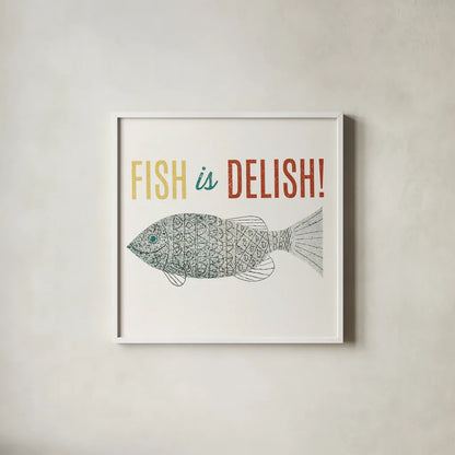 Retro Food Fish is Delish by Wild Apple Portfolio. Shown in a crisp white glass frame for a clean and minimalist style. Available as an archival giclee rolled canvas, fine art paper, or poster print. SKU 92160a.