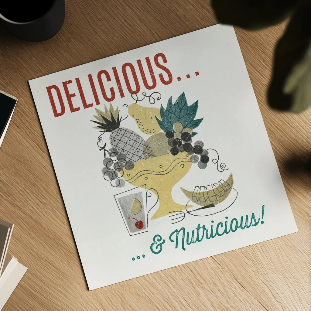 Retro Food Fruit Bowl by Wild Apple Portfolio. Shown as a detailed flat fine art print, highlighting archival giclee quality. Available as an archival giclee rolled canvas, fine art paper, or poster print. SKU 92161a.