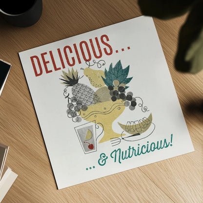 Retro Food Fruit Bowl by Wild Apple Portfolio. Shown as a detailed flat fine art print, highlighting archival giclee quality. Available as an archival giclee rolled canvas, fine art paper, or poster print. SKU 92161a.