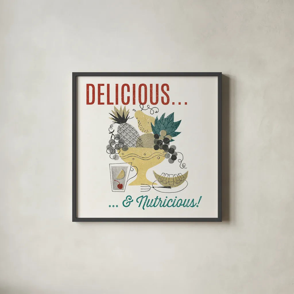 Retro Food Fruit Bowl by Wild Apple Portfolio. Shown in a sleek black glass frame for a contemporary gallery look. Available as an archival giclee rolled canvas, fine art paper, or poster print. SKU 92161a.