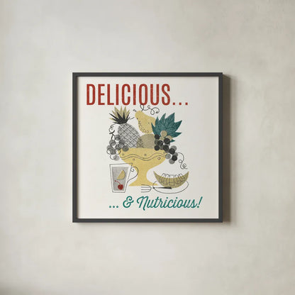 Retro Food Fruit Bowl by Wild Apple Portfolio. Shown in a sleek black glass frame for a contemporary gallery look. Available as an archival giclee rolled canvas, fine art paper, or poster print. SKU 92161a.