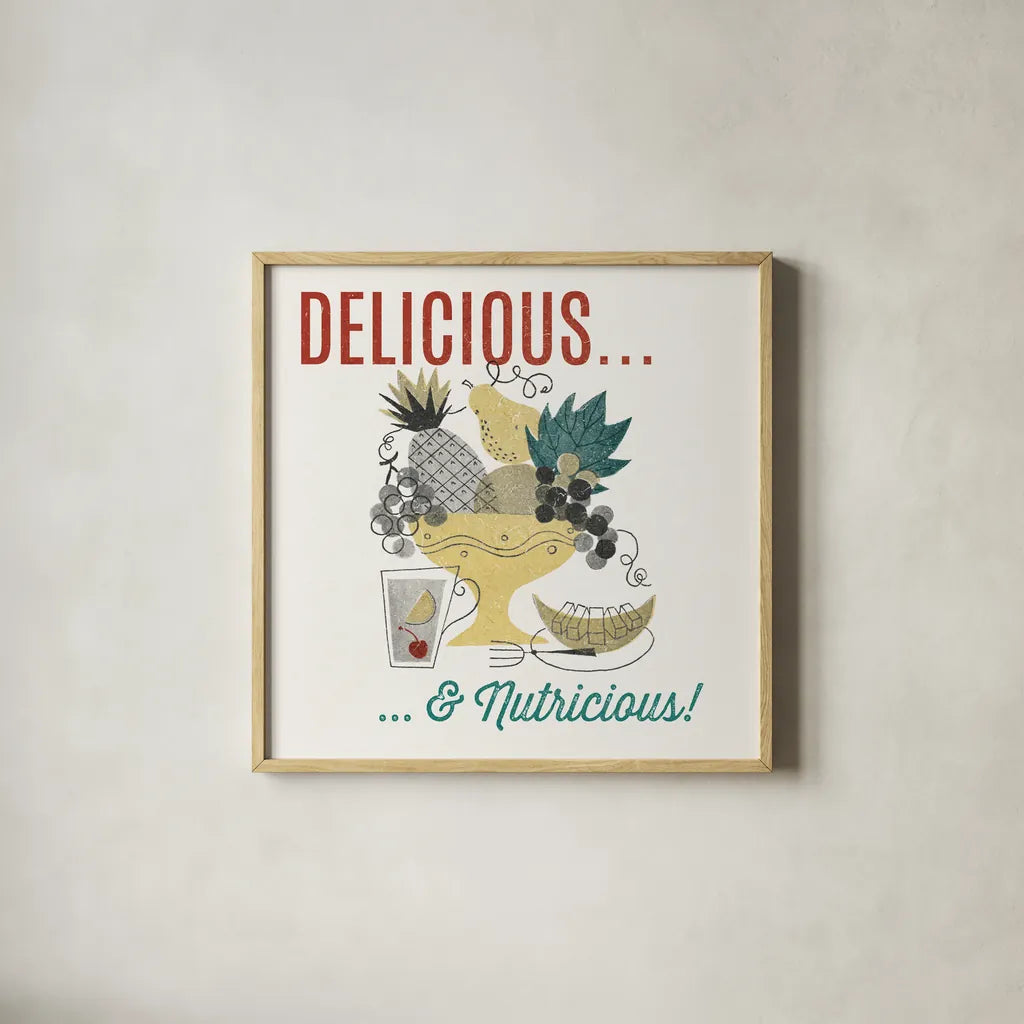 Retro Food Fruit Bowl by Wild Apple Portfolio. Shown in a natural wood glass frame for a timeless modern aesthetic. Available as an archival giclee rolled canvas, fine art paper, or poster print. SKU 92161a.