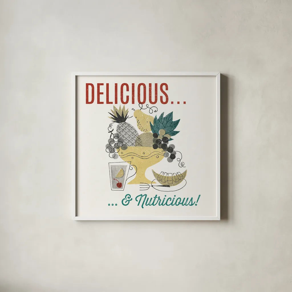 Retro Food Fruit Bowl by Wild Apple Portfolio. Shown in a crisp white glass frame for a clean and minimalist style. Available as an archival giclee rolled canvas, fine art paper, or poster print. SKU 92161a.