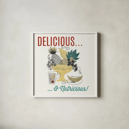 Retro Food Fruit Bowl by Wild Apple Portfolio. Shown in a crisp white glass frame for a clean and minimalist style. Available as an archival giclee rolled canvas, fine art paper, or poster print. SKU 92161a.
