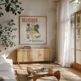 Retro Food Fruit Bowl by Wild Apple Portfolio. Shown in a natural wood frame in a cozy modern living room. Available as an archival giclee rolled canvas, fine art paper, or poster print. SKU 92161a.