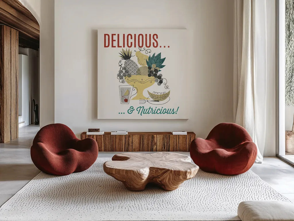 Retro Food Fruit Bowl by Wild Apple Portfolio. Shown as extra-large giant wall art in a modern living room. Available as an archival giclee rolled canvas, fine art paper, or poster print. SKU 92161a.