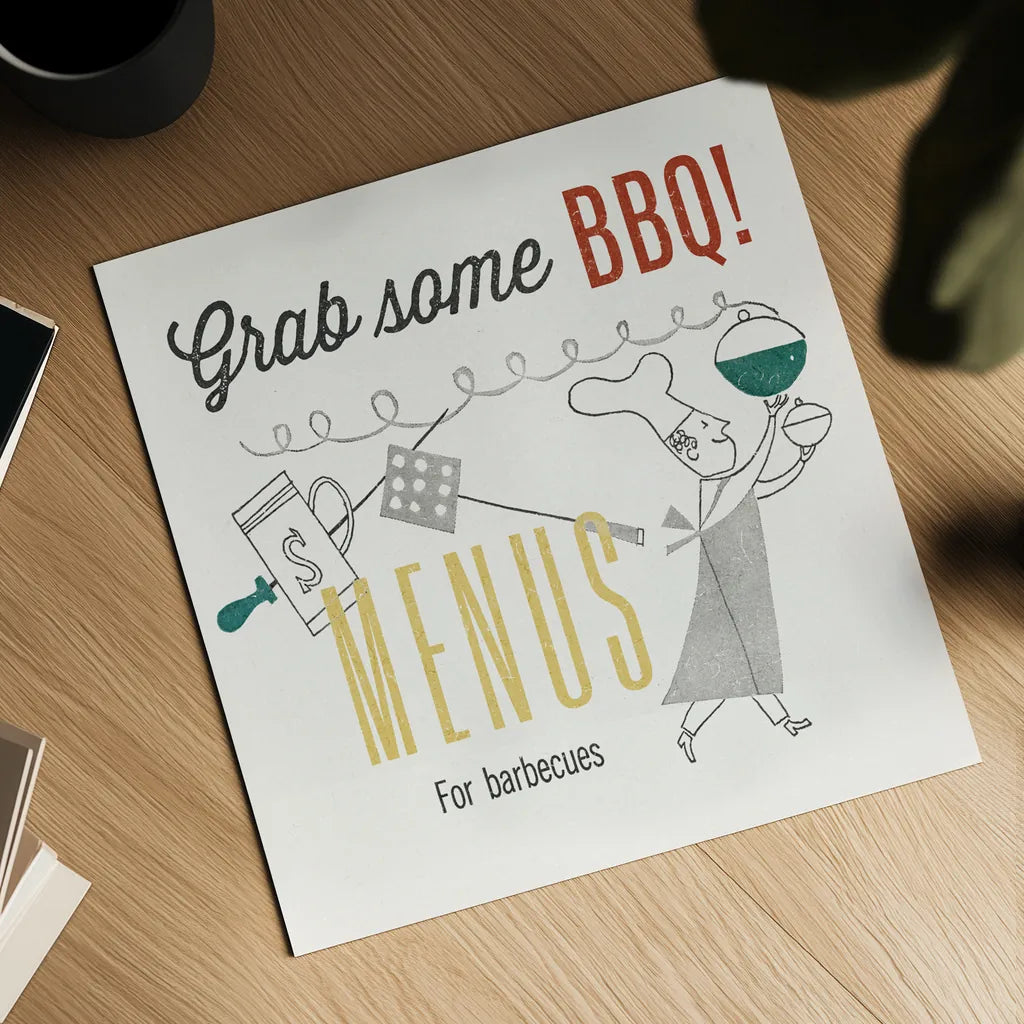 Retro Food Grab Some BBQ by Wild Apple Portfolio. Shown as a detailed flat fine art print, highlighting archival giclee quality. Available as an archival giclee rolled canvas, fine art paper, or poster print. SKU 92162a.