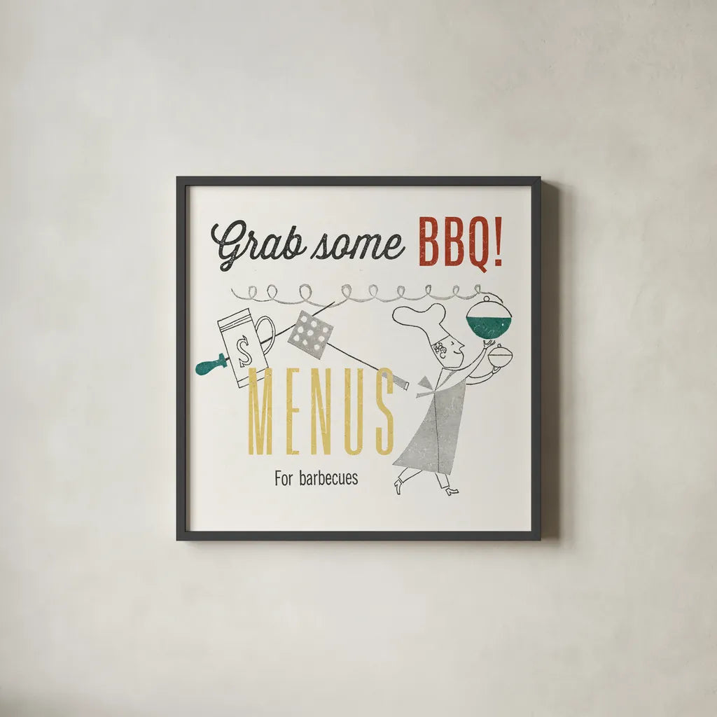 Retro Food Grab Some BBQ by Wild Apple Portfolio. Shown in a sleek black glass frame for a contemporary gallery look. Available as an archival giclee rolled canvas, fine art paper, or poster print. SKU 92162a.