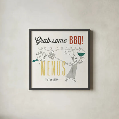 Retro Food Grab Some BBQ by Wild Apple Portfolio. Shown in a sleek black glass frame for a contemporary gallery look. Available as an archival giclee rolled canvas, fine art paper, or poster print. SKU 92162a.