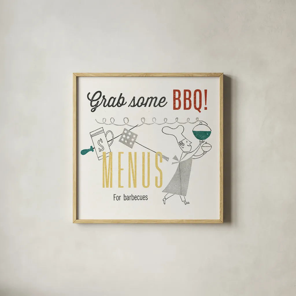 Retro Food Grab Some BBQ by Wild Apple Portfolio. Shown in a natural wood glass frame for a timeless modern aesthetic. Available as an archival giclee rolled canvas, fine art paper, or poster print. SKU 92162a.