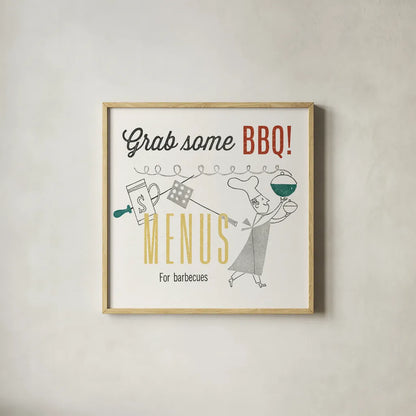 Retro Food Grab Some BBQ by Wild Apple Portfolio. Shown in a natural wood glass frame for a timeless modern aesthetic. Available as an archival giclee rolled canvas, fine art paper, or poster print. SKU 92162a.