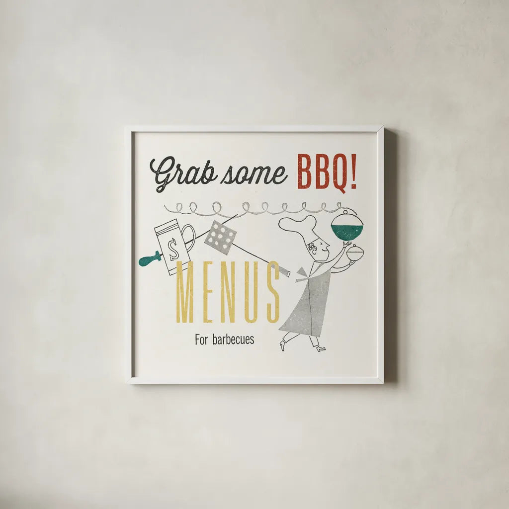 Retro Food Grab Some BBQ by Wild Apple Portfolio. Shown in a crisp white glass frame for a clean and minimalist style. Available as an archival giclee rolled canvas, fine art paper, or poster print. SKU 92162a.