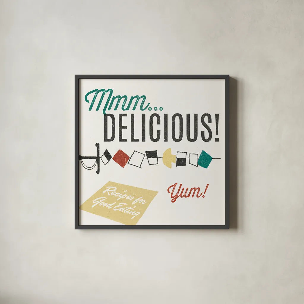 Retro Food Kabob by Wild Apple Portfolio. Shown in a sleek black glass frame for a contemporary gallery look. Available as an archival giclee rolled canvas, fine art paper, or poster print. SKU 92164a.